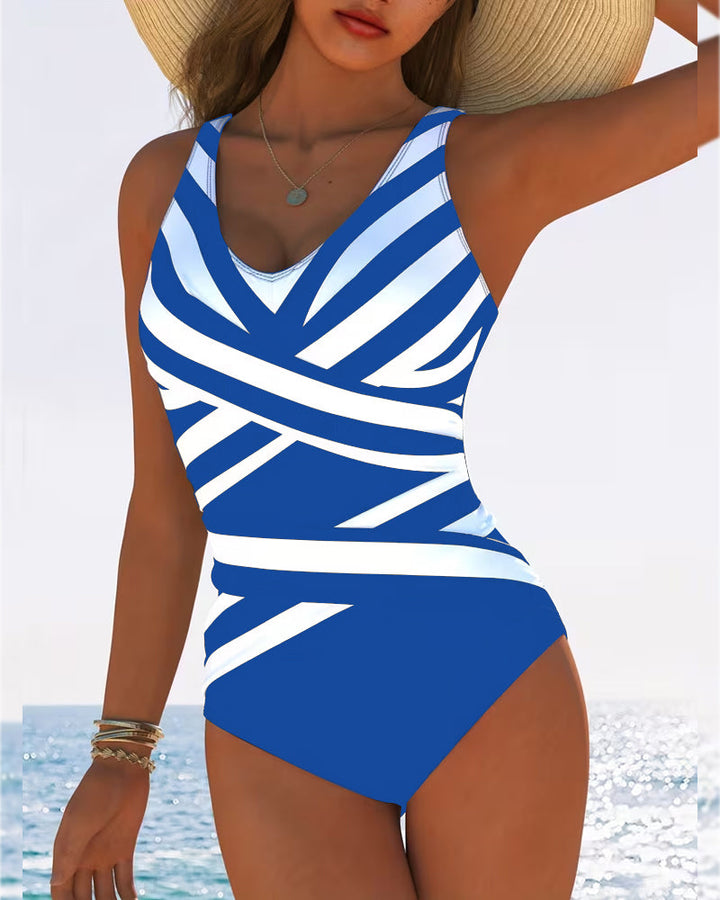 Striped swimsuit with V-neck and comfortable fit