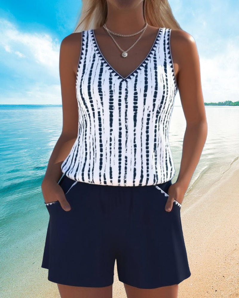 Two-piece swimsuit with print, pockets, and V-neck.