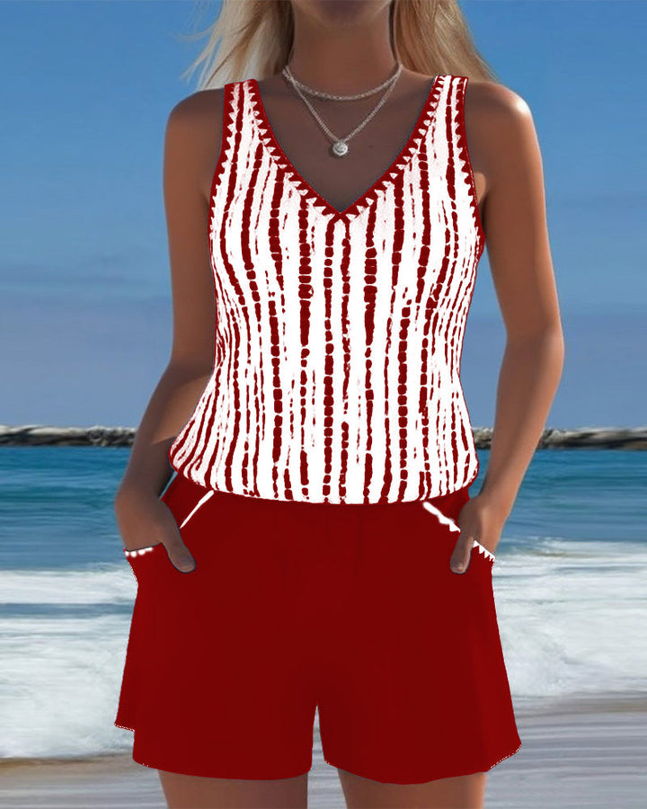 Two-piece swimsuit with print, pockets, and V-neck.
