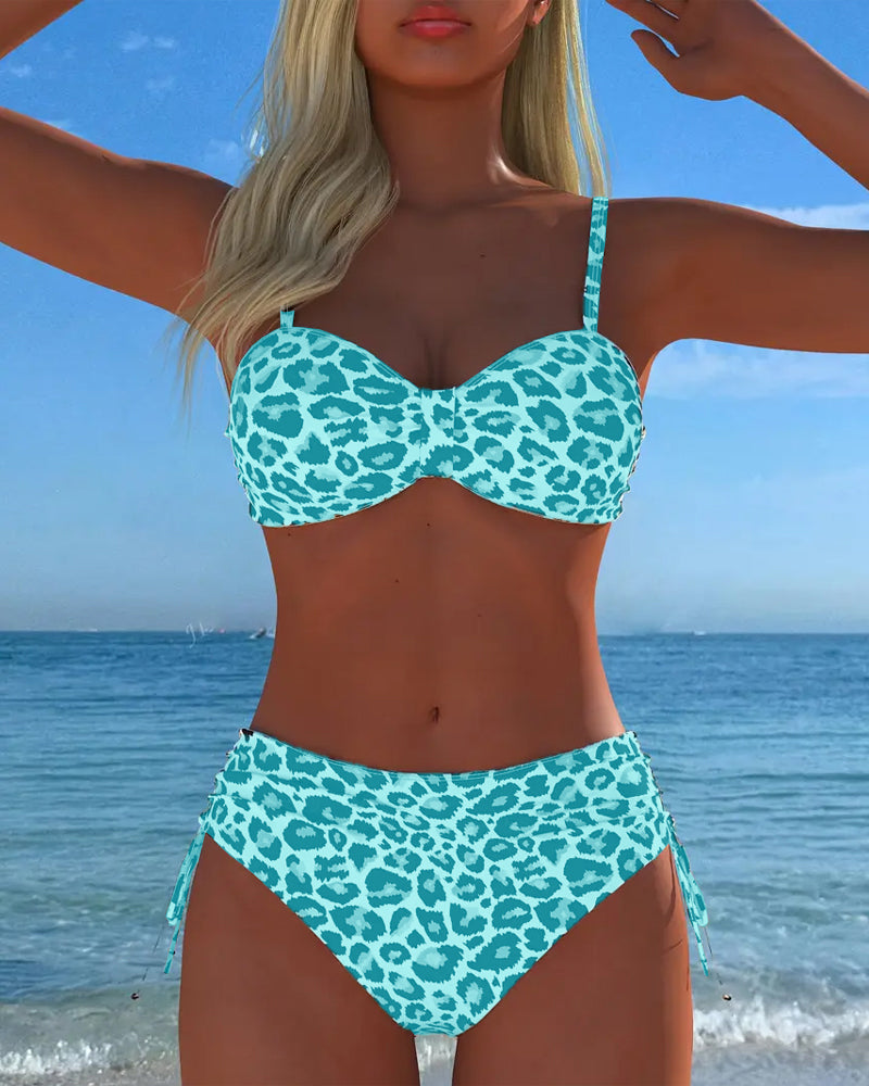 Two-piece swimsuit with lace-up and leopard print