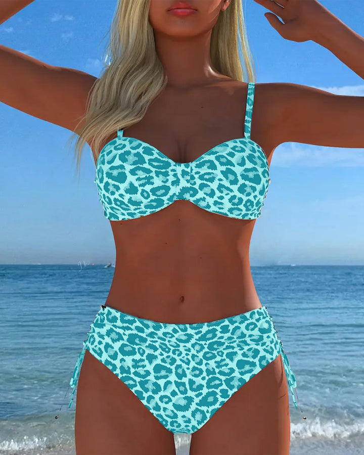 Two-piece swimsuit with lace-up and leopard print