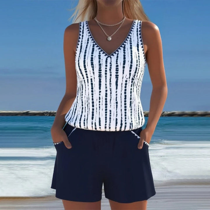 Two-piece swimsuit with print, pockets, and V-neck.