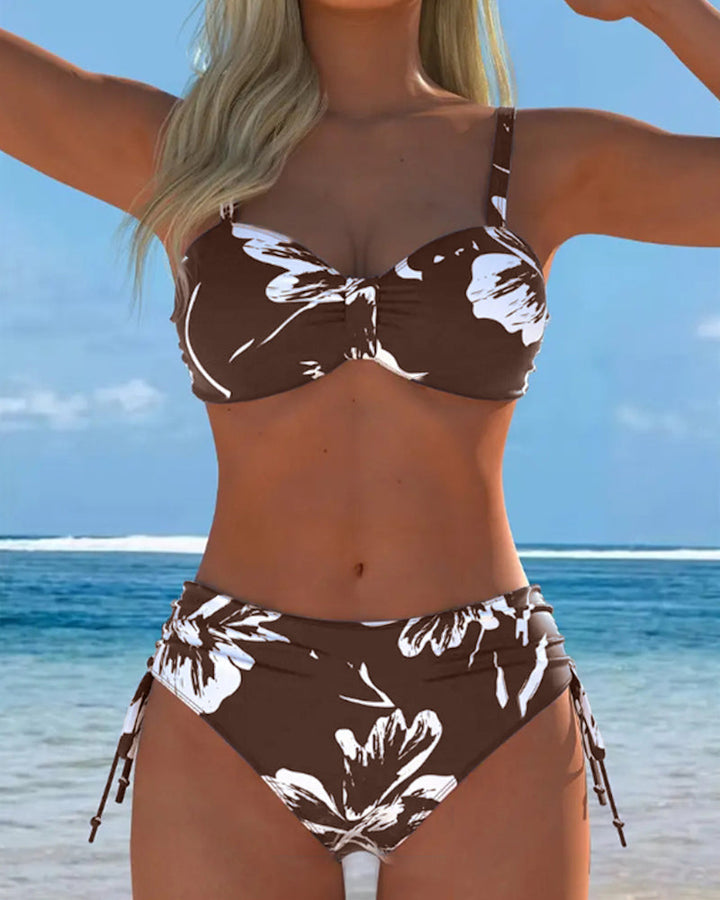 Two-piece halter bikini with print.