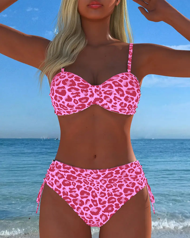 Two-piece swimsuit with lace-up and leopard print
