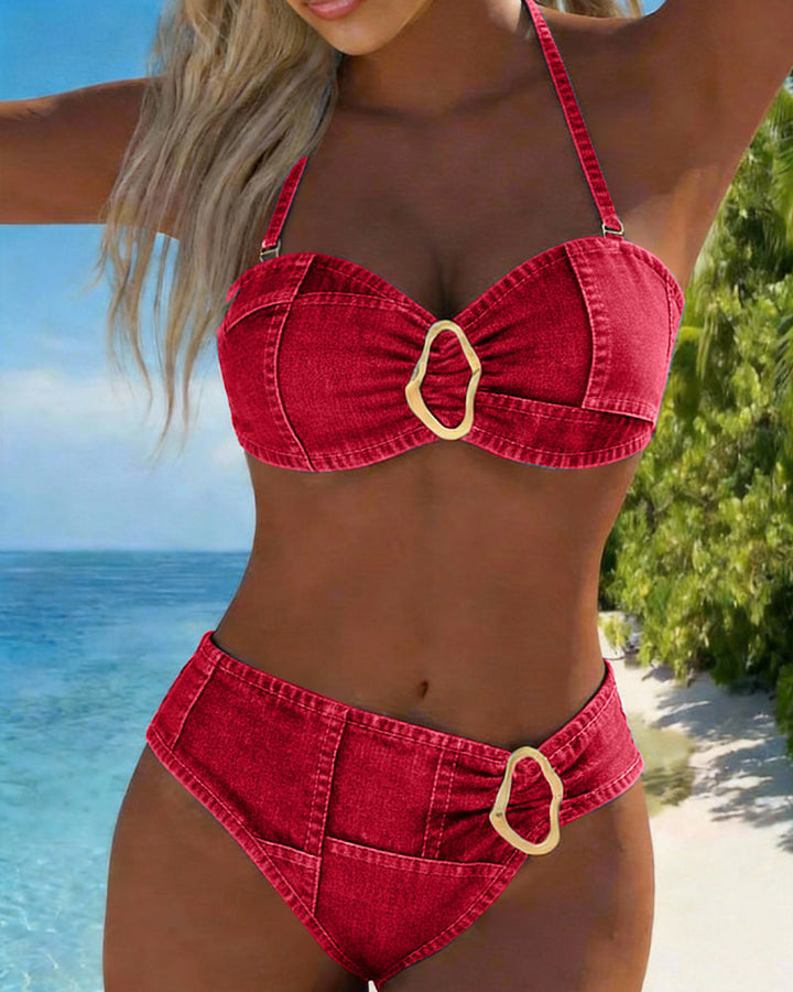Bikini with garter belt and metal buckle, two-piece