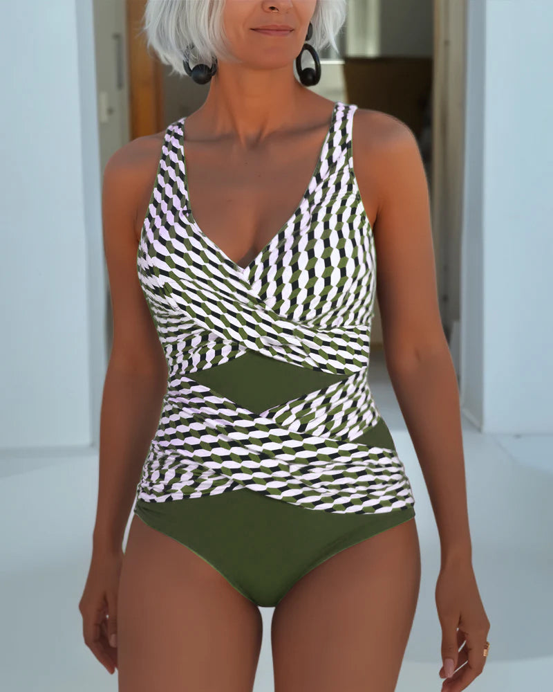 Bikini with crossed design for a casual vacation look.