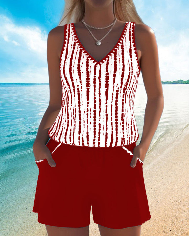 Two-piece swimsuit with print, pockets, and V-neck.