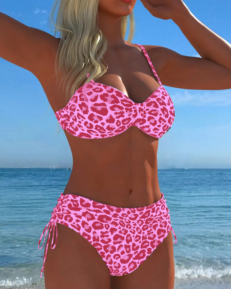 Two-piece swimsuit with lace-up and leopard print