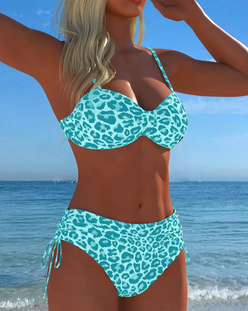Two-piece swimsuit with lace-up and leopard print