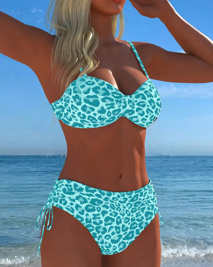Two-piece swimsuit with lace-up and leopard print