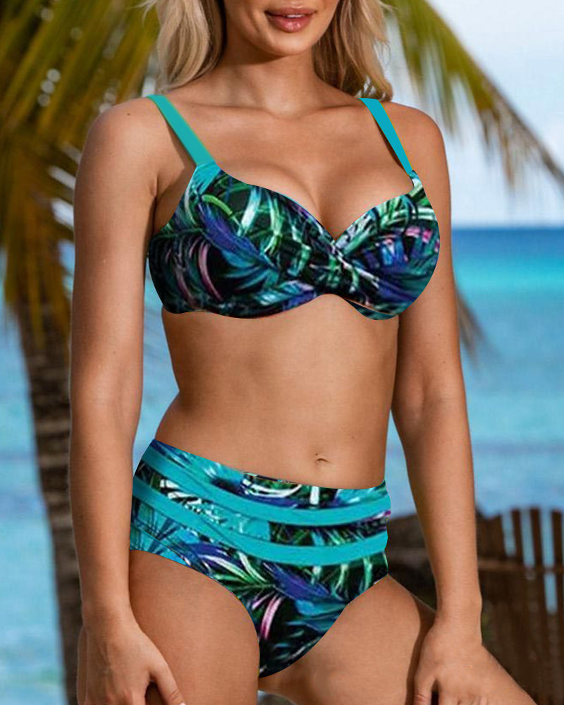 High Waist Bikini with Leaf Print