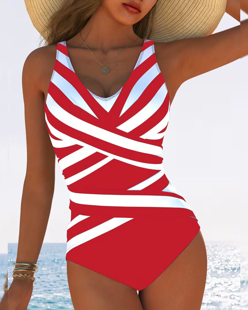 Striped swimsuit with V-neck and comfortable fit