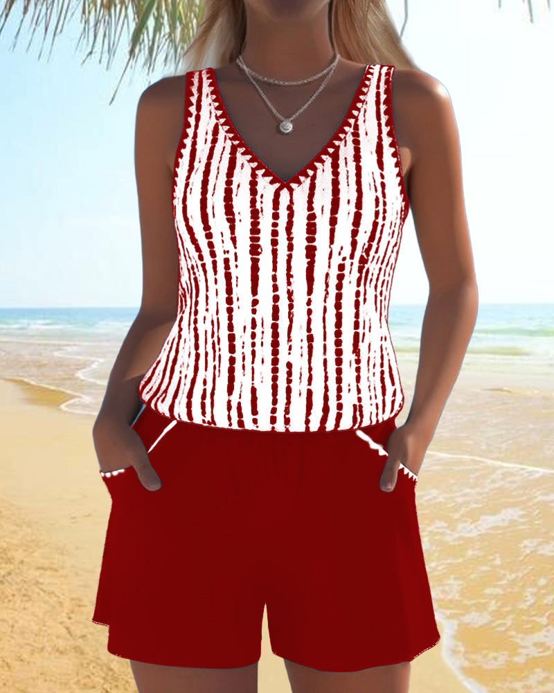 Two-piece swimsuit with print, pockets, and V-neck.