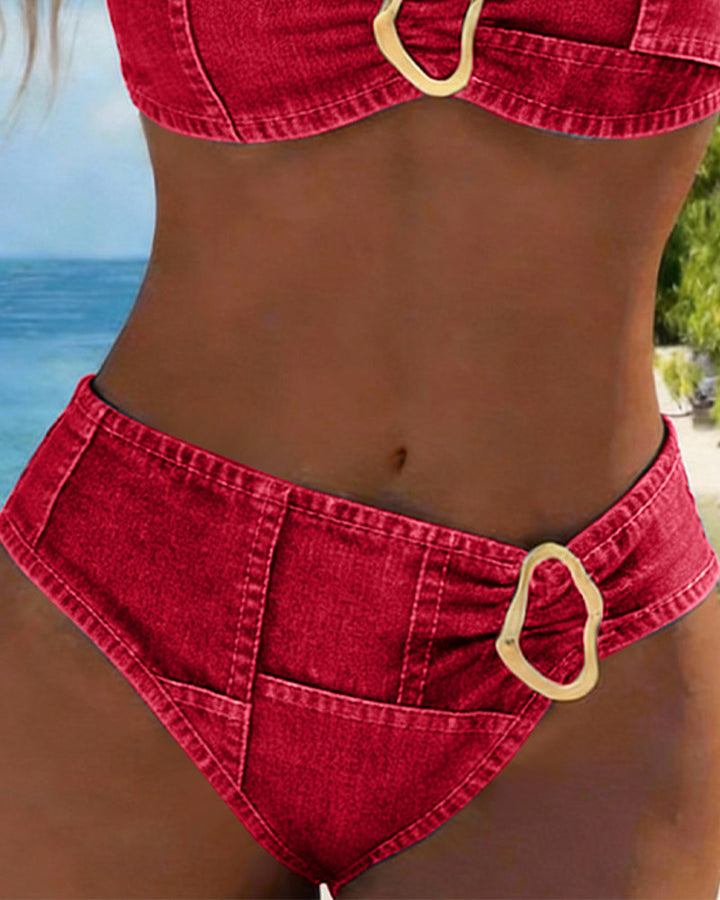 Bikini with garter belt and metal buckle, two-piece