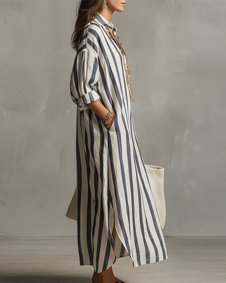 Striped Dress with Lapel Collar