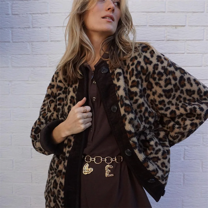 Women's Leopard Print Button-Up Coat with Round Neck