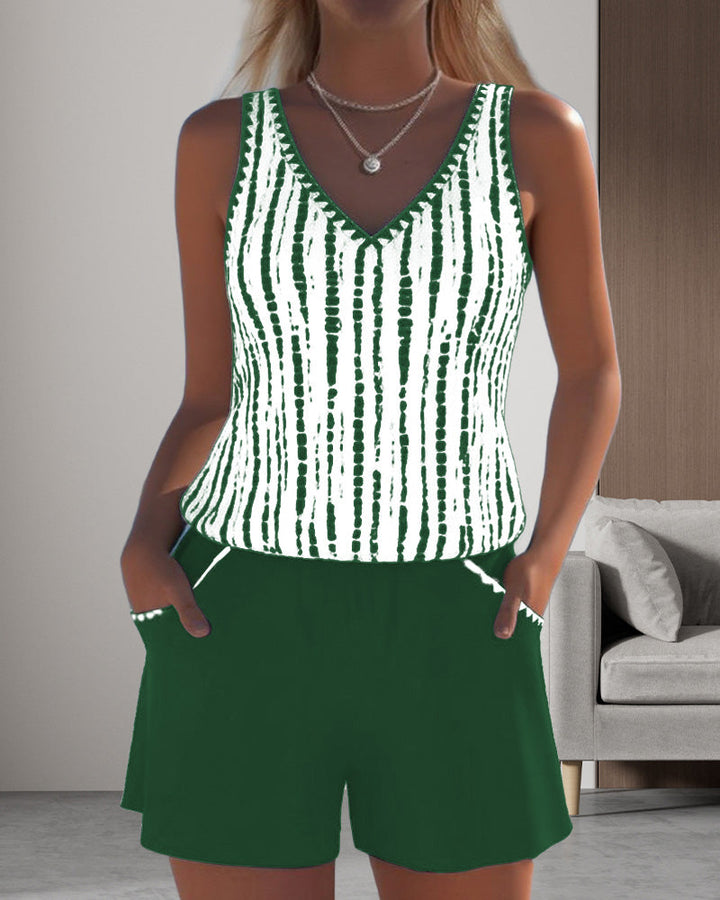 Two-piece swimsuit with print, pockets, and V-neck.