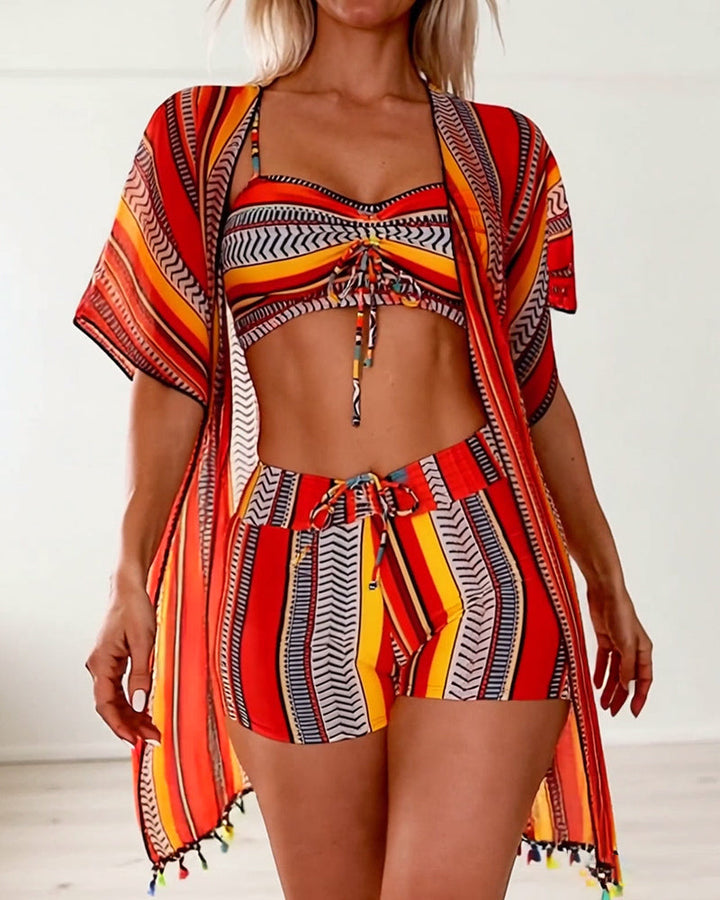 Three-piece swimsuit with resort print