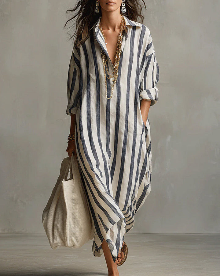 Striped Dress with Lapel Collar