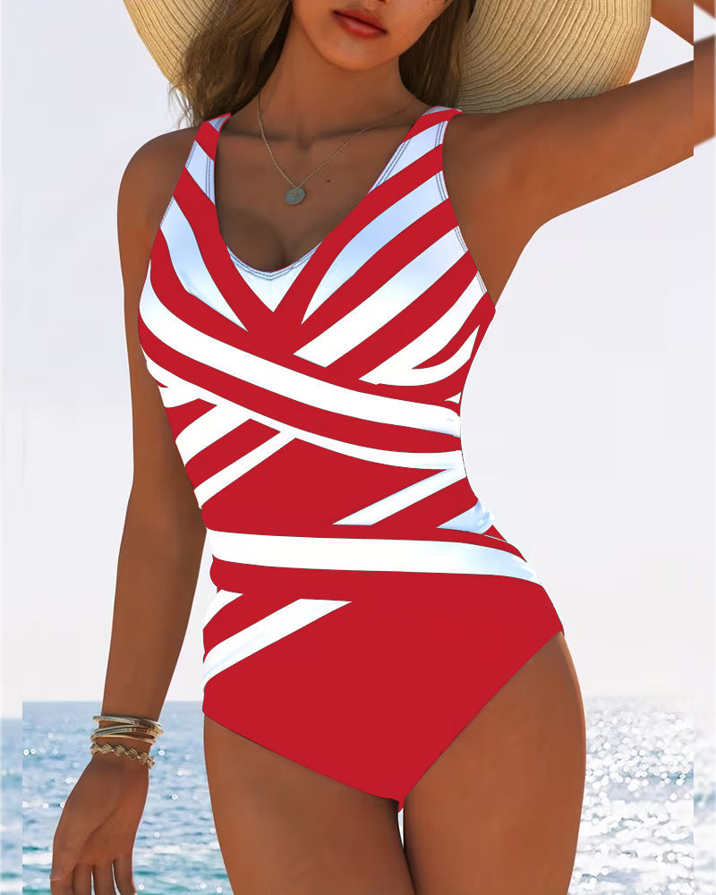 Striped swimsuit with V-neck and comfortable fit
