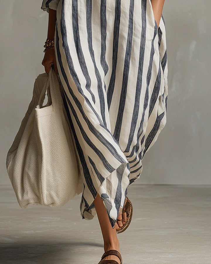 Striped Dress with Lapel Collar