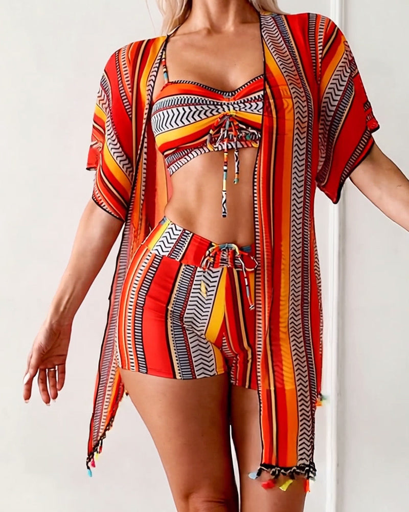 Three-piece swimsuit with resort print