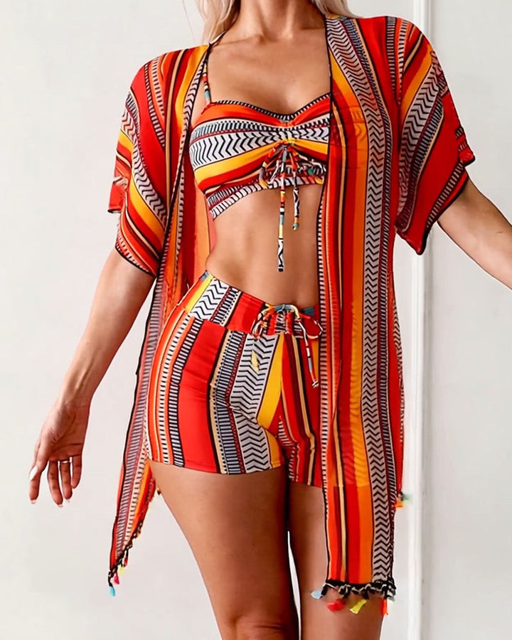 Three-piece swimsuit with resort print
