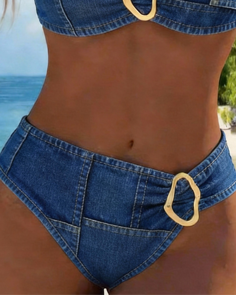 Bikini with garter belt and metal buckle, two-piece