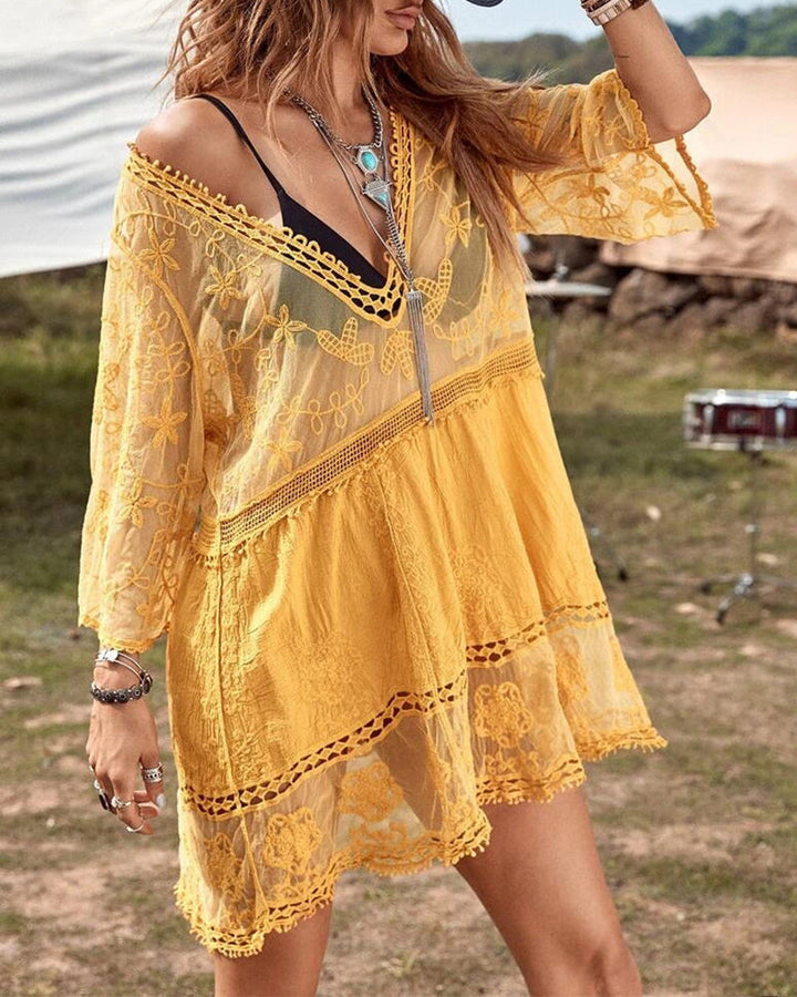 Smock with V-neck and lace embroidery