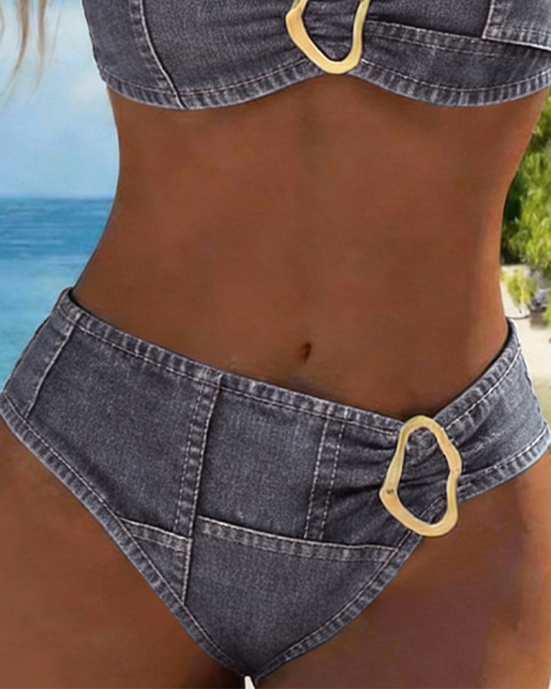 Bikini with garter belt and metal buckle, two-piece