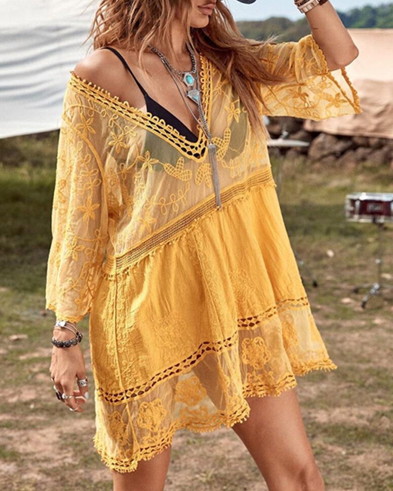 Smock with V-neck and lace embroidery