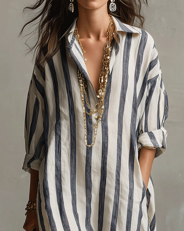 Striped Dress with Lapel Collar