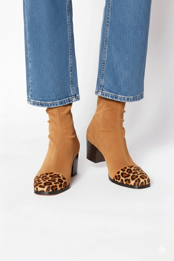 Mid-heel ankle boot with print