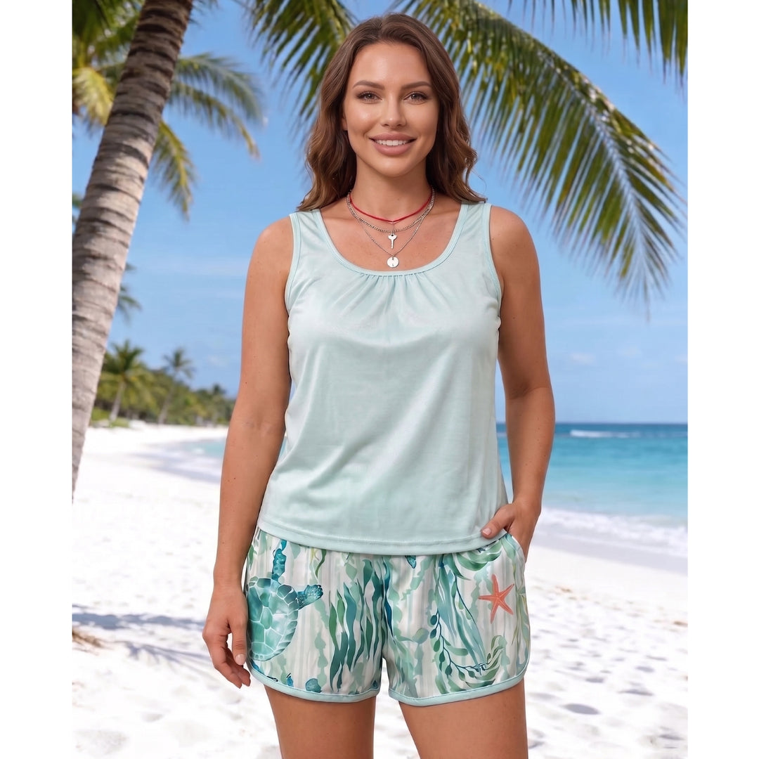 Stylish tankini with ocean print, split
