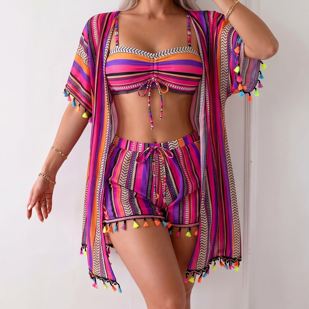 Three-piece swimsuit with resort print