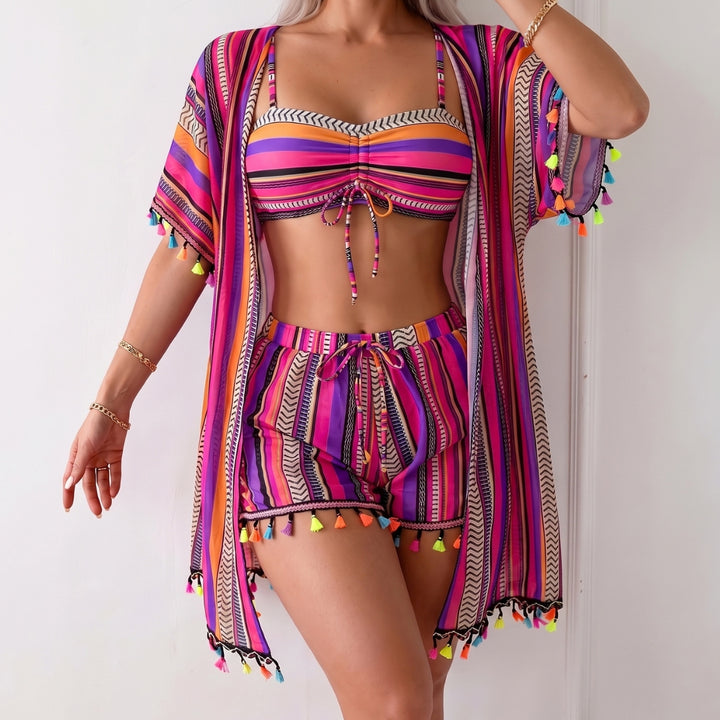 Three-piece swimsuit with resort print