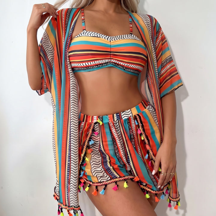 Three-piece swimsuit with resort print