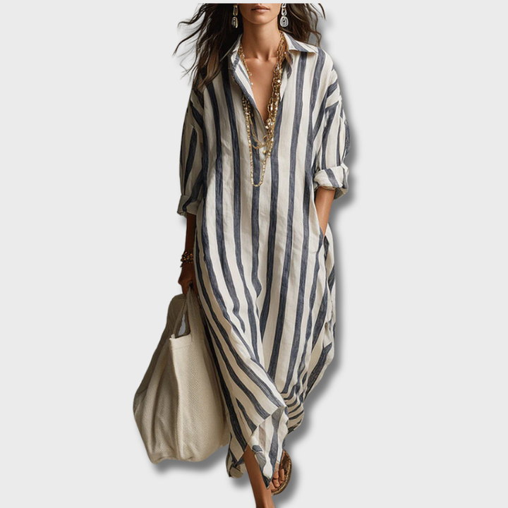Striped Dress with Lapel Collar
