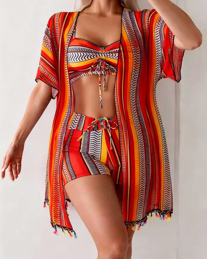Three-piece swimsuit with resort print