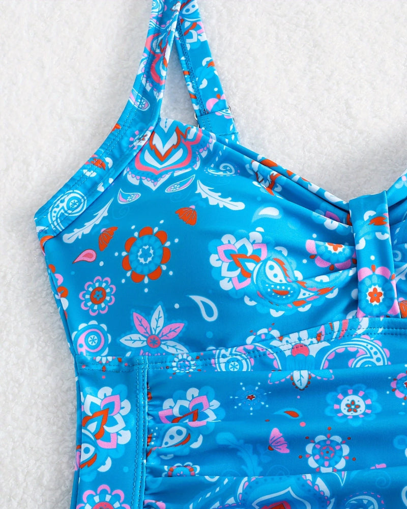 Floral Print One-Piece Swimsuit with Ruffled Top