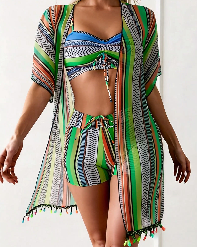 Three-piece swimsuit with resort print