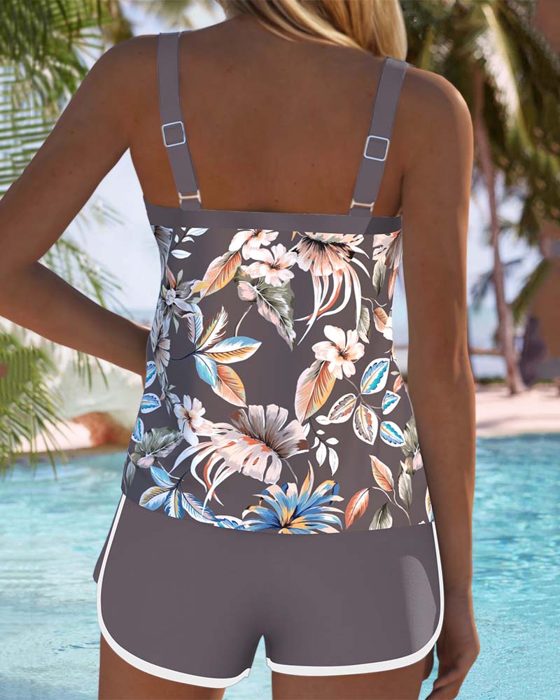 Tankini with U-neck, sleeveless and patterned