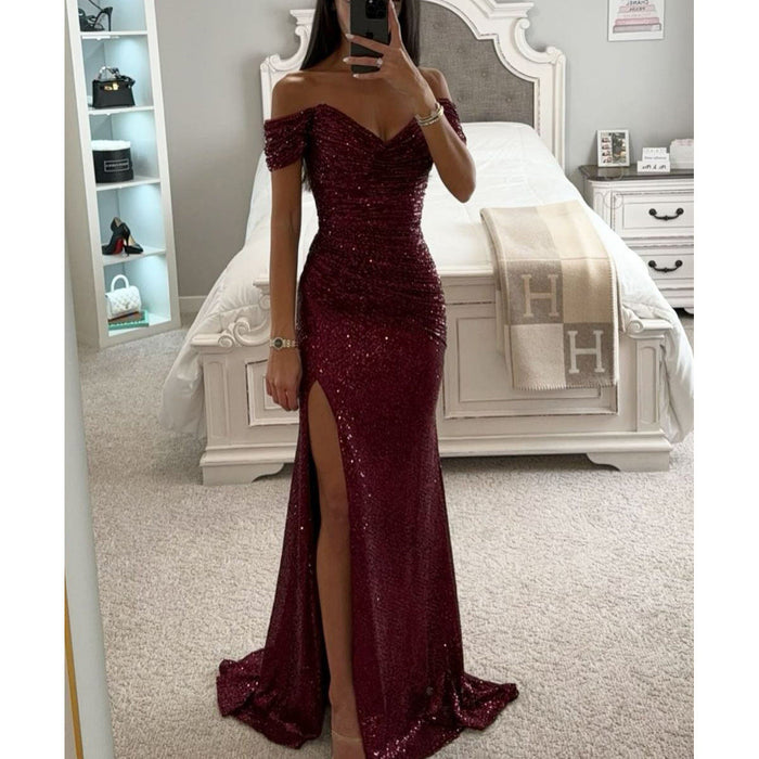 Women's Sequin Off-Shoulder Gown with High Slit
