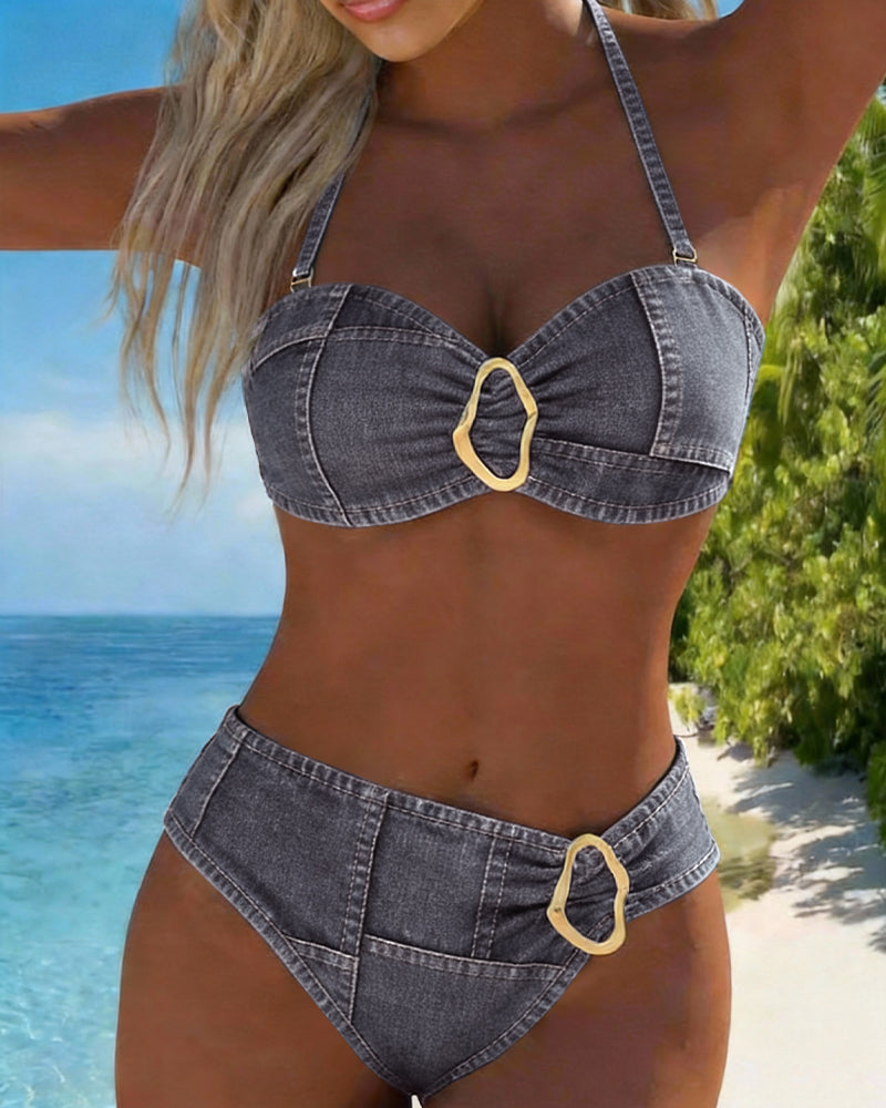 Bikini with garter belt and metal buckle, two-piece