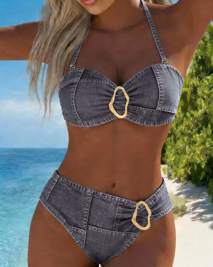 Bikini with garter belt and metal buckle, two-piece