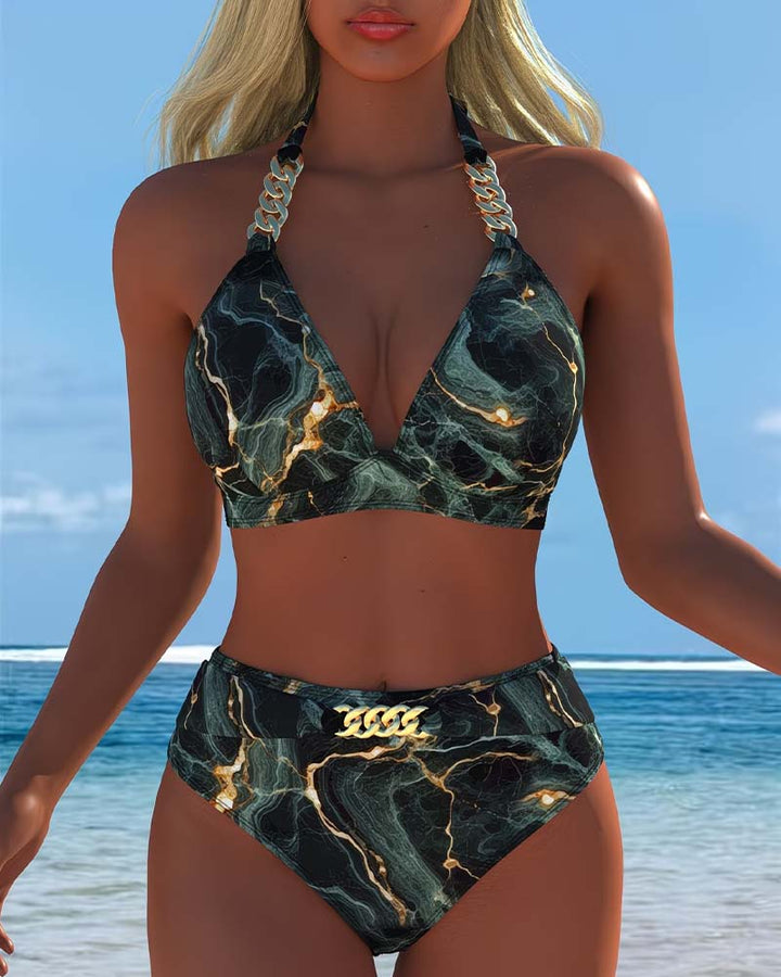 High Waist Bikini Chain Bra Printed