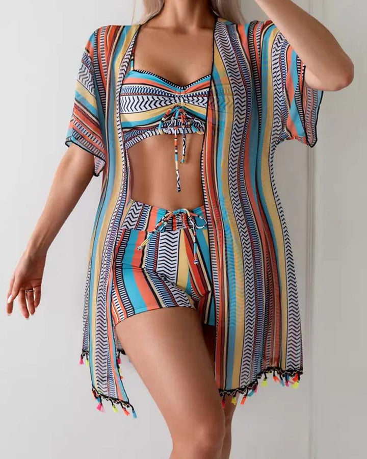 Three-piece swimsuit with resort print