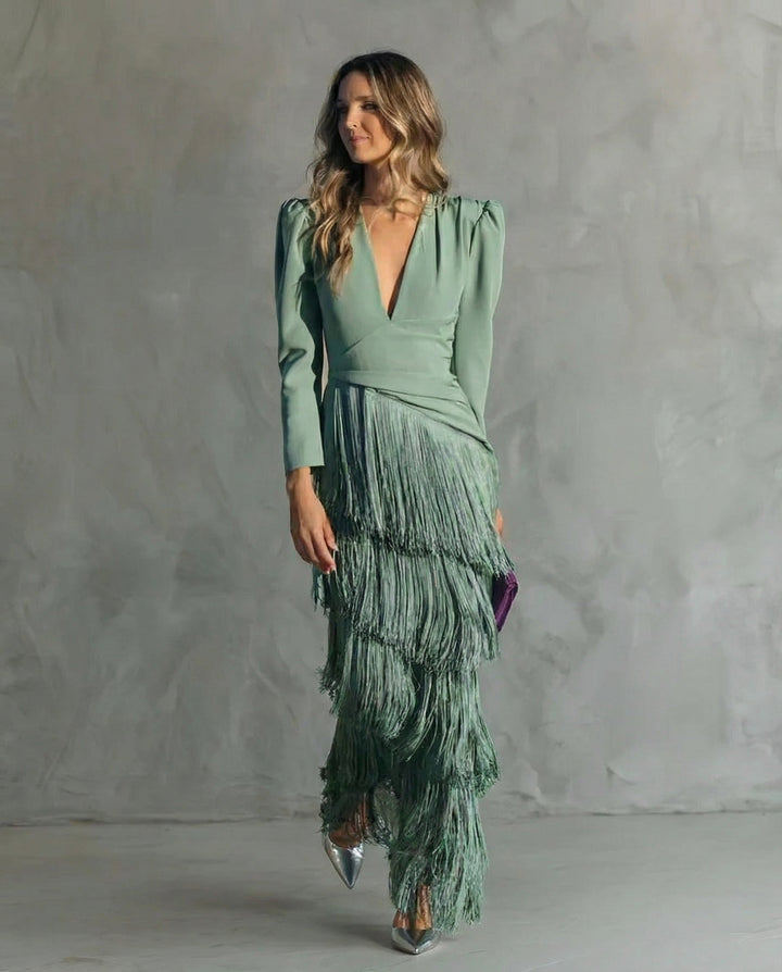 Amelia | Stylish Fringe Sleeve Midi Dress