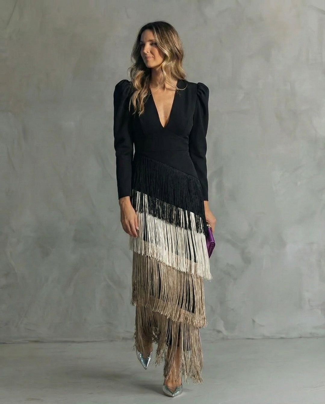 Amelia | Stylish Fringe Sleeve Midi Dress