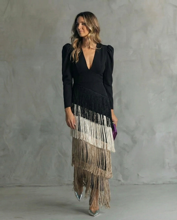 Amelia | Stylish Fringe Sleeve Midi Dress